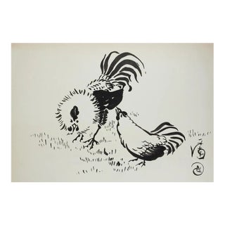 Mid 20th Century Rooster and Chicken Pen and Ink Drawing For Sale