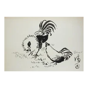 Mid 20th Century Rooster and Chicken Pen and Ink Drawing