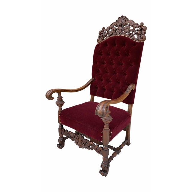 Antique French Regency Style Ornate Caved Walnut Throne Chairs Newly Reupholstered in a Burgundy Mohair - Pair For Sale In Chicago - Image 6 of 7