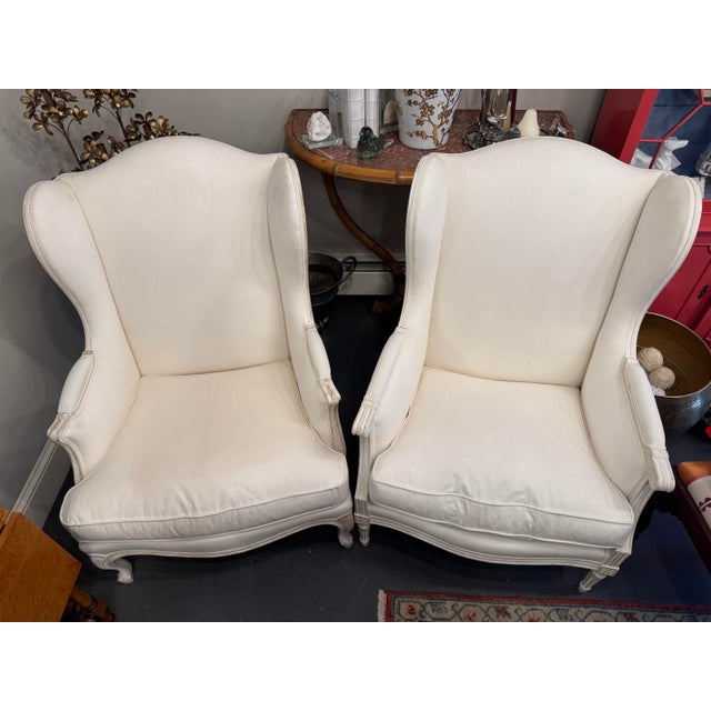 Vintage French Louis XVI Wingback Linen Mr and Mrs Chair For Sale - Image 4 of 7