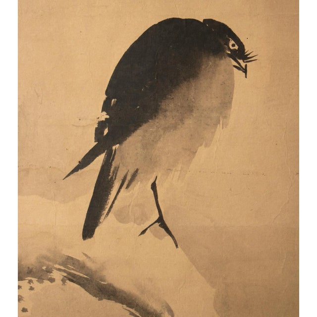 Wood 1920s Late Meiji to Early Showa Japanese Watercolor Scroll "The Crow and the Snow" For Sale - Image 7 of 12