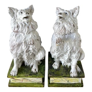Vintage Italian Glazed Terracotta Dogs - A Pair For Sale