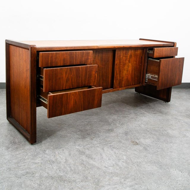 Brown Mid Century Modern Credenza Oak Walnut 5 Drawer Wood Oak File Doors Vintage For Sale - Image 8 of 12