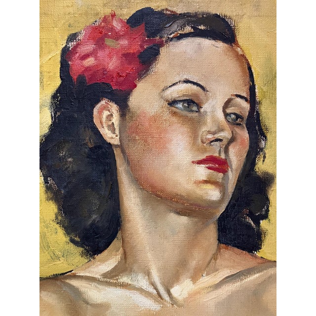 Portraiture Gorgeous Mid-Century Colorful Portrait of a Woman in White With a Flower in Her Hair For Sale - Image 3 of 6