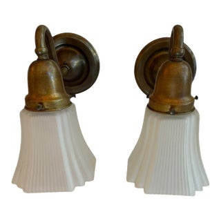 Early 20th Century Pair of Antique Brass and Square Glass Shade Wall Sconces For Sale