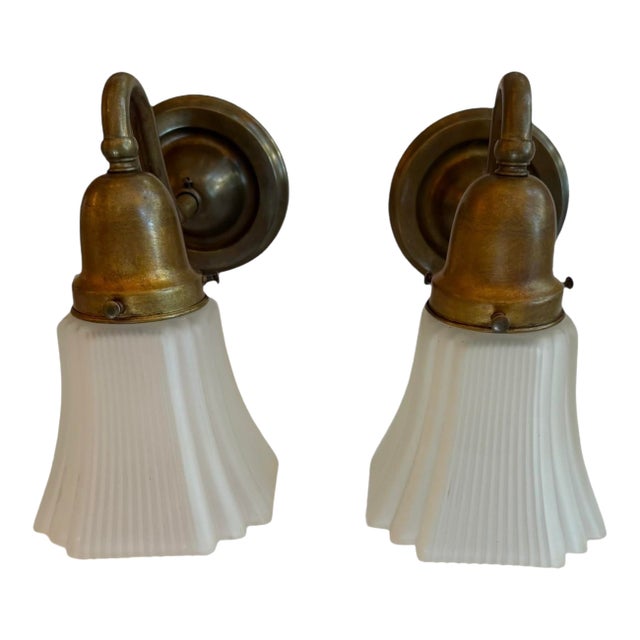 Early 20th Century Pair of Antique Brass and Square Glass Shade Wall Sconces For Sale