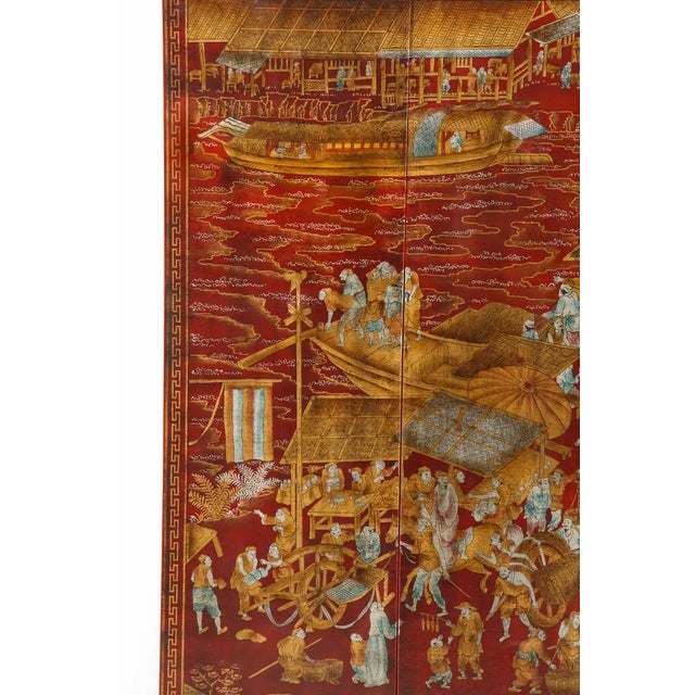 Chinoiserie Set of Six Red Lacquered Chinoiserie Panels For Sale - Image 3 of 13
