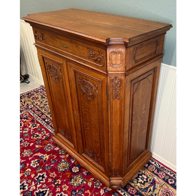 Antique French Double Door Cabinet Cupboard Carved Honey Oak Drawer Early 20th For Sale - Image 14 of 17