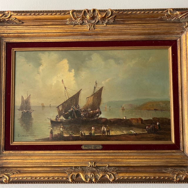Nautical Oil on Canvas Framed Signed 20th Century Boats in the Harbour by Vincenzo Cencin For Sale - Image 3 of 10