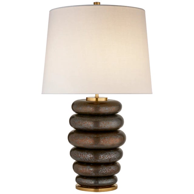 Kelly Wearstler for Visual Comfort Signature Phoebe Stacked Table Lamp in Crystal Bronze with Linen Shade For Sale