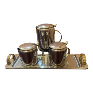 1960s Mid-Century Modern Polished Chrome and Brass Tea or Coffee Service With Tray- 4 Pieces
