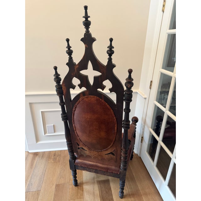 Pair of Antique Victorian Gothic Revival High-Back Walnut Armchairs — C. 1870–1885 For Sale - Image 4 of 7