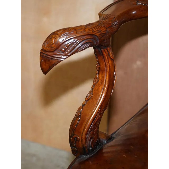 Wood Vintage Eagle Armed Claw & Ball Feet Brown Leather Armchair For Sale - Image 7 of 18