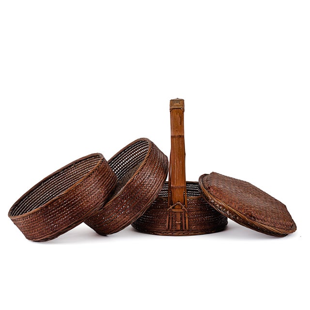 Vintage Antique 3 (Three) Tier Chinese Wedding Basket (Dark Brown) For Sale - Image 4 of 9