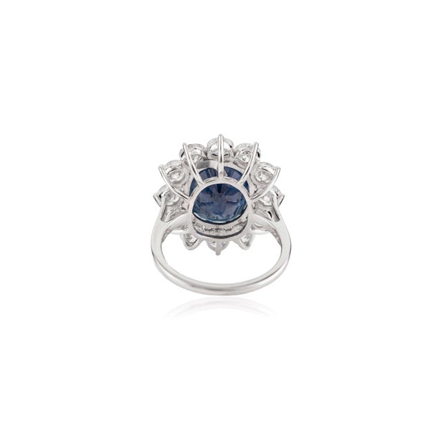 Ink Blue 8.21ctw Deep Royal Sapphire Princess Diana Diamond Cocktail Ring in 18k White Gold Size 5.5 For Sale - Image 8 of 15