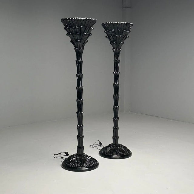 Black Serge Roche Style, Mid-Century Modern, Palm Leaf Floor Lamps, Black Lacquer For Sale - Image 8 of 12