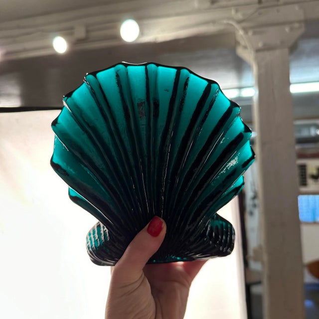 Mid 20th Century Pair of Blenko Glass Green Teal Clam Shell Bookends For Sale - Image 5 of 12