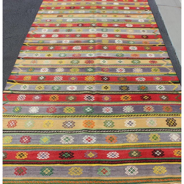 Mid 20th Century Colorful Large Turkish Kilim Carpet With Striped Geometric Shapes Design For Sale - Image 4 of 12