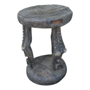 Vintage African Tonga Bamileke Triple Carved Faces With Shells 2 Tier Wooden Work Stool / Table