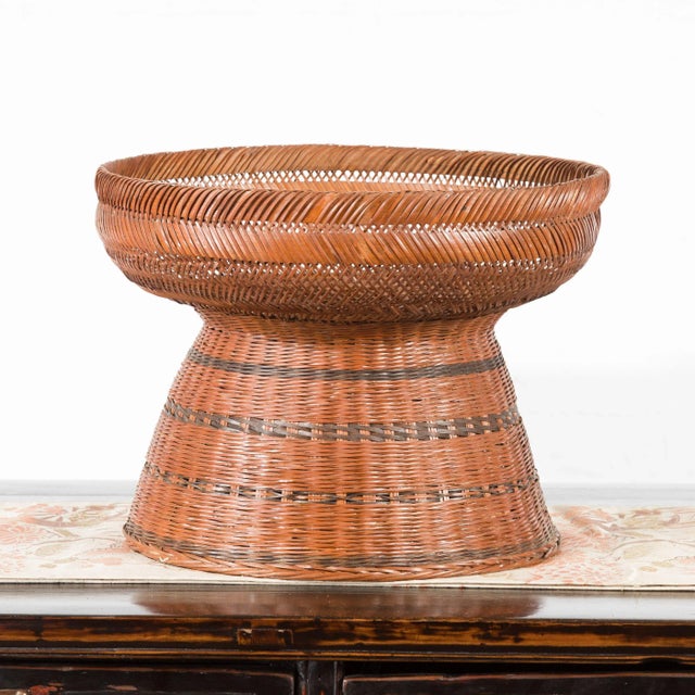 Wood Thai Vintage Woven Rattan Fruit Market Basket with Pedestal Tapering Base For Sale - Image 7 of 11