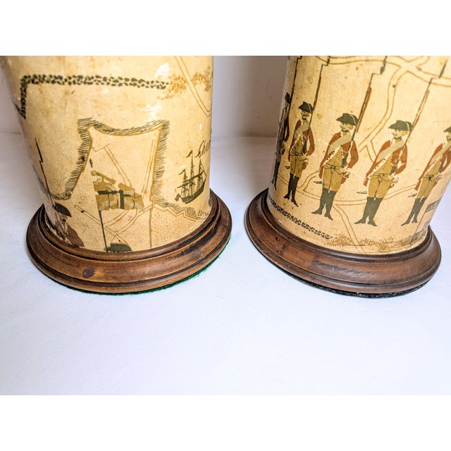 Wood Mid 20th Century Americana Revolutionary War Decoupage Cylinder Lamps - A Pair For Sale - Image 7 of 11