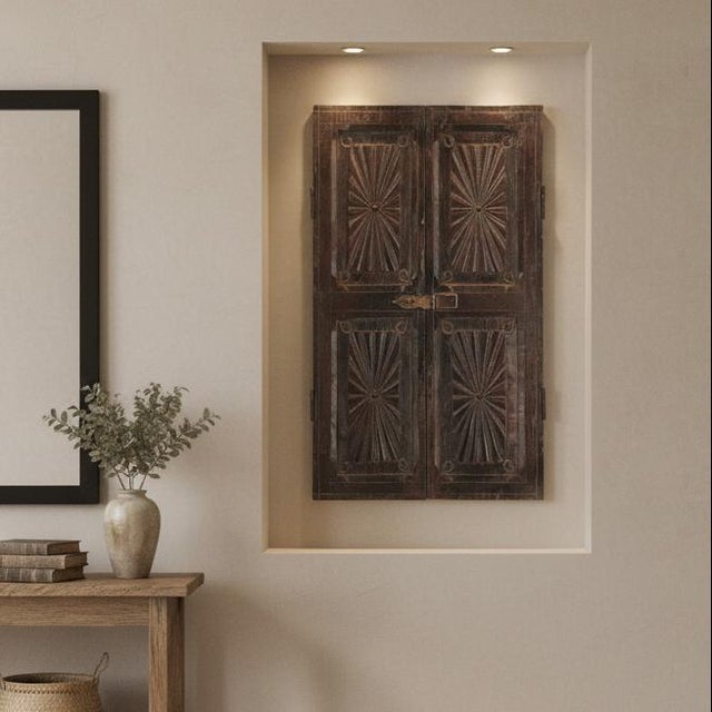 Far Pavilions 1900s Rustic Vintage Carved Teak Wood Shutter Wall Hanging For Sale - Image 4 of 4