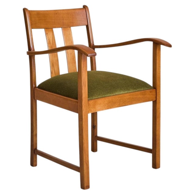 French Oak Armchair with Olive Green Velvet Upholstery, 1950s - 2 Available For Sale