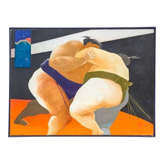 Phyllis Steele Modern Colorful Pastel Drawing of a Pair of Sumo Wrestlers in Blue and Green, 20th Century For Sale