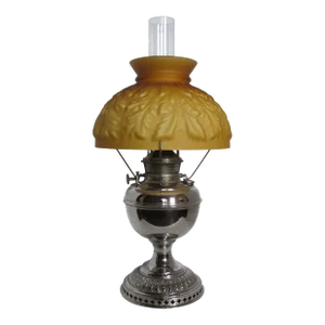 Early 1900's Bradley & Hubbard Nickel Plated Oil Lamp With Chimney and Brownish Orange Frosted Shade