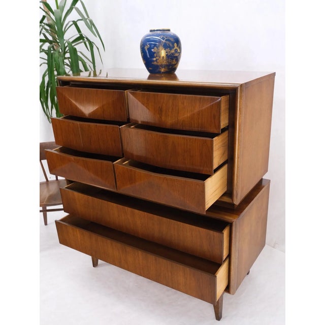Mid-Century Modern diamond front walnut 8 drawers high chest dresser cabinet.