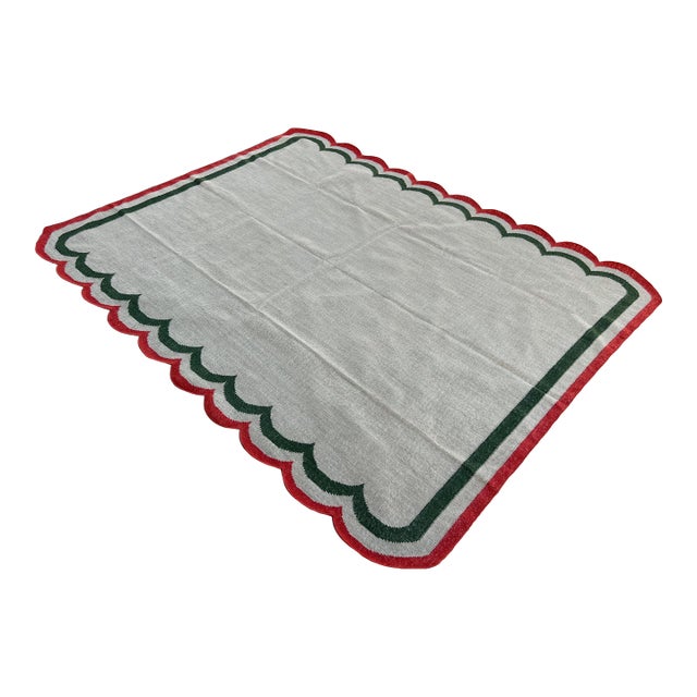 Handmade Woolen Scalloped Edge Rug, Beige With Green and Coral Red Border - 12'x15' For Sale