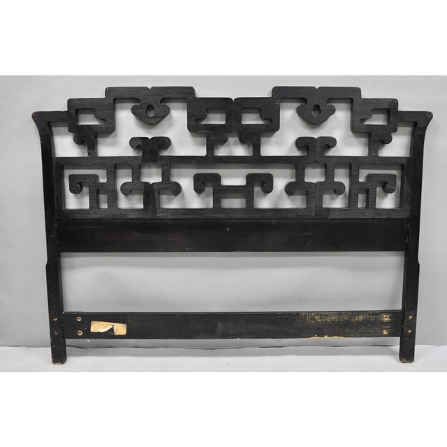 Vintage Chinoiserie Black Gold Ebonized Chinese Fretwork Queen Sz Bed Headboard For Sale - Image 13 of 14