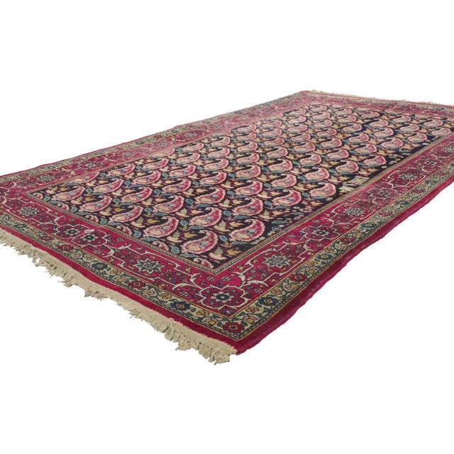 76946 Distressed Antique Persian Kerman Rug with All-Over Boteh Pattern 04'01 x 08'11. Modest yet full of character, this...
