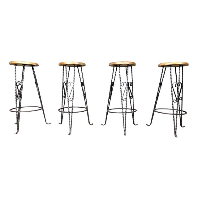 French Wrought Iron Bar Stools, 1960s, Set of 4 For Sale