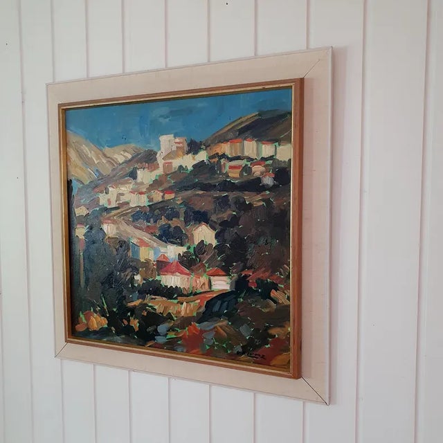 Mid-Century Modern Mid Century Modernist Hillside Village Oil Painting by y.b. Lorenz For Sale - Image 3 of 18
