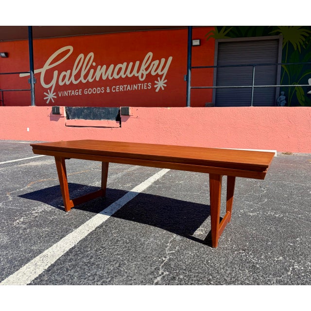 1960s Large Mid Century Modern Danish Teak Coffee Table Bench With Pull Out Tray For Sale - Image 5 of 12