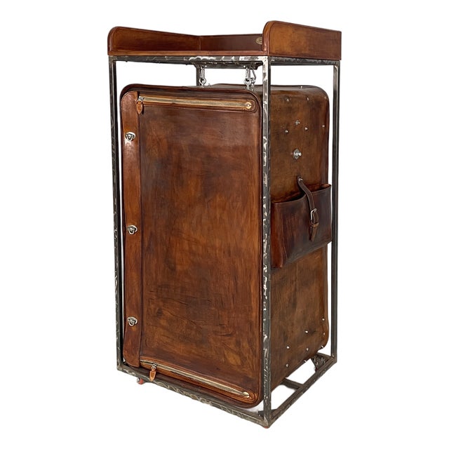 Italian Modern Wardrobe in Brown Leather and Metal, 1980s For Sale