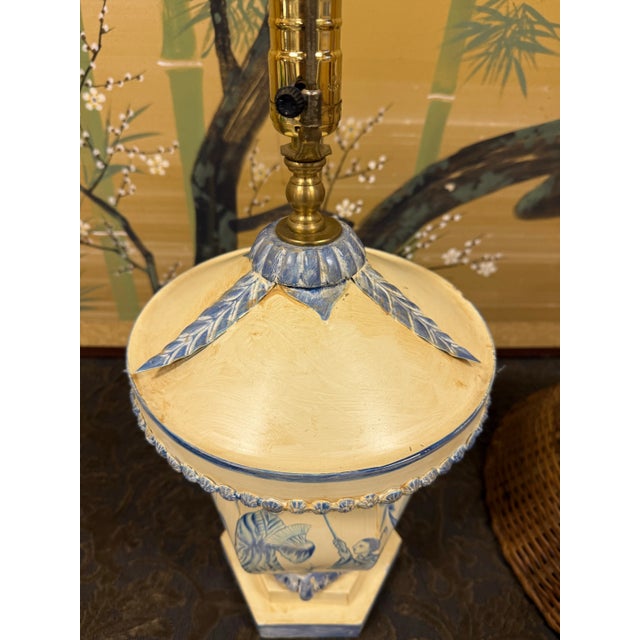 Vintage Chinoiserie Tole Table Lamp With Wicker Shade For Sale - Image 10 of 11