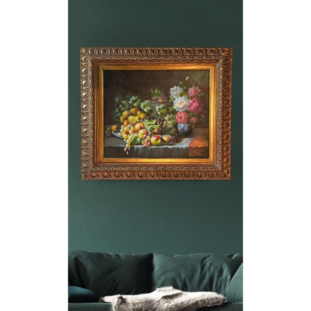 Baroque Late 20th Century Floral Still Life Oil Painting on Canvas, Gold Ornate Frame For Sale - Image 3 of 15