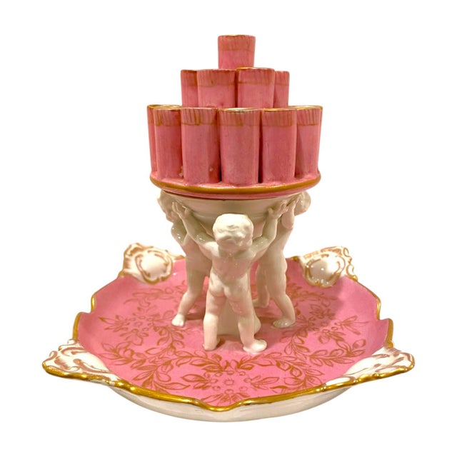Rococo Antique Carl Thieme Dresden Pink Porcelain Cherub Cigarette Holder / Flower Frog Vase For Sale - Image 3 of 14