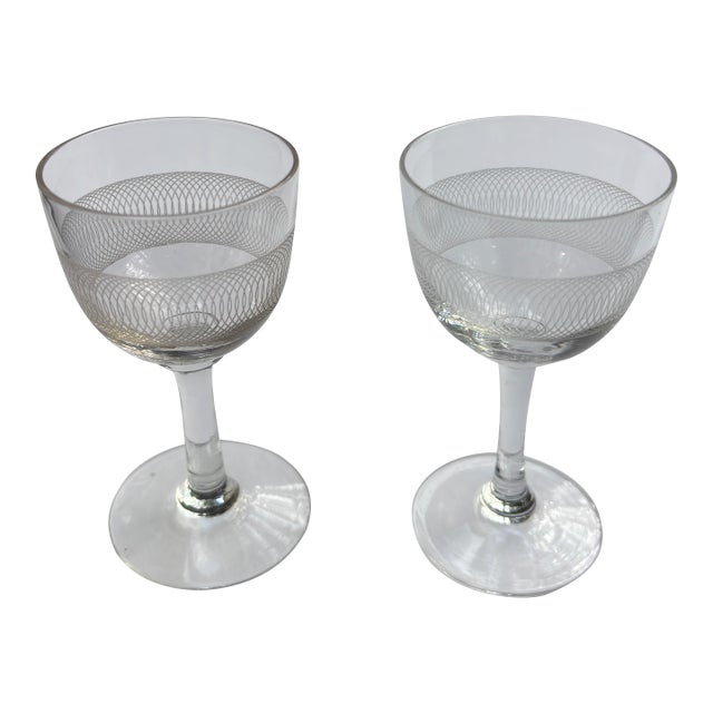 Clear Wheel-Etched Cordial Vintage Glasses - A Pair For Sale