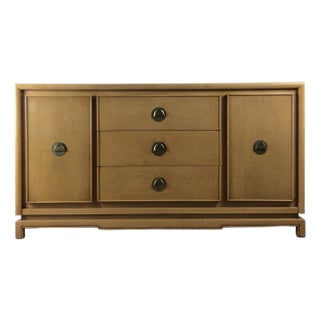 Mid Century Modern Credenza With Limed Oak Finish & Brass Hardware For Sale