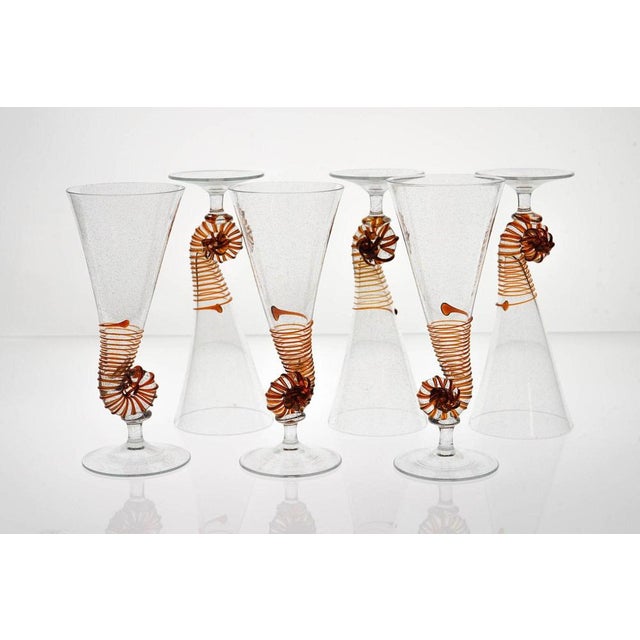 Amber Murano Glass and Pulegoso Nautilus Flutes from Cenedese, 1950s, Set of 6 For Sale - Image 17 of 18