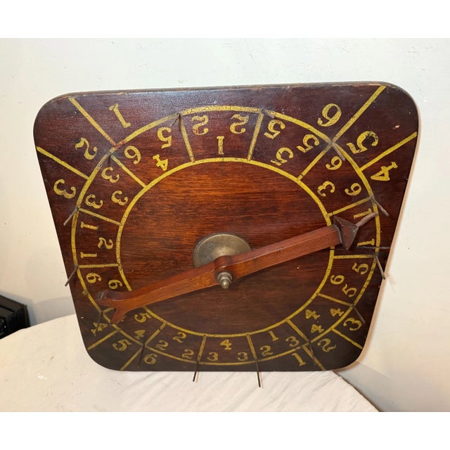 Brown Rare Antique Hand Made Painted Wood Brass Carnival Gambling Number Wheel Game For Sale - Image 8 of 12