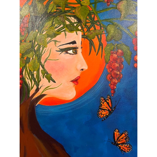 1990s– Woman With Grapes & Butterflies – Original Figurative Artwork For Sale - Image 4 of 12
