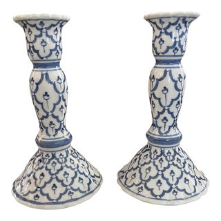 Vintage 1980s Blue and White Candlestick Holders - a Pair For Sale
