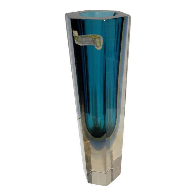 Vintage Murano Sommerso Blue Hexagonal Glass Vase For Sale