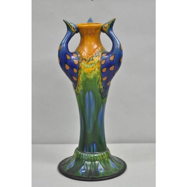 Vintage Art Nouveau Majolica Style Glazed Ceramic Pottery Peacock Bird Vase For Sale - Image 10 of 10