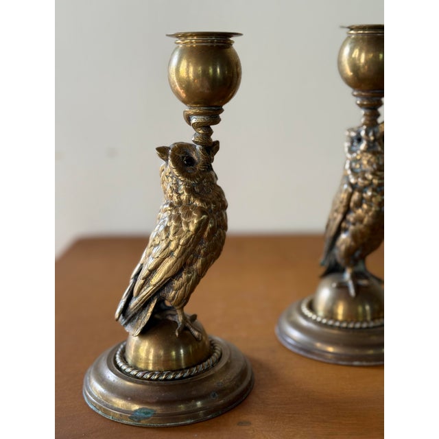 Metal Pair of Owl Candlesticks For Sale - Image 7 of 10