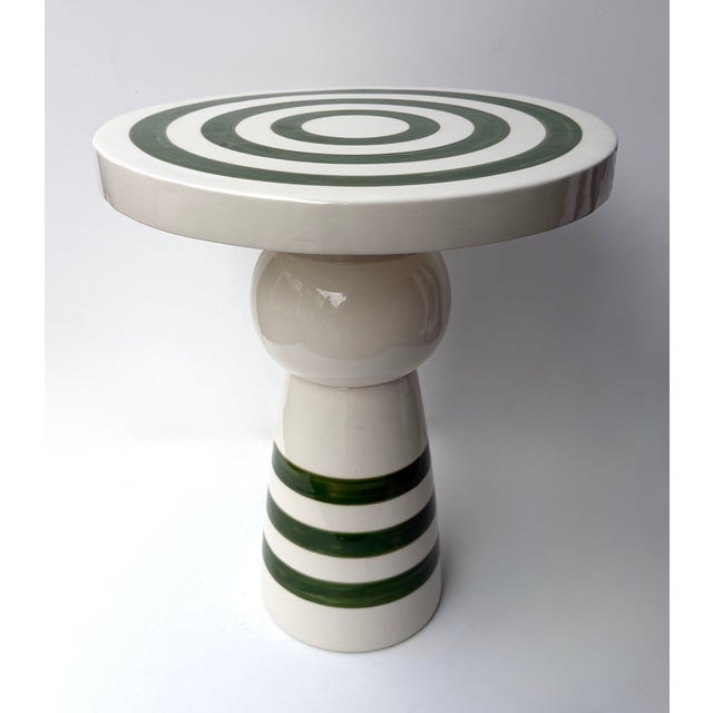Ceramic Contemporary Pair of Green and White Ceramic Stripe Side Tables. Italy For Sale - Image 7 of 12